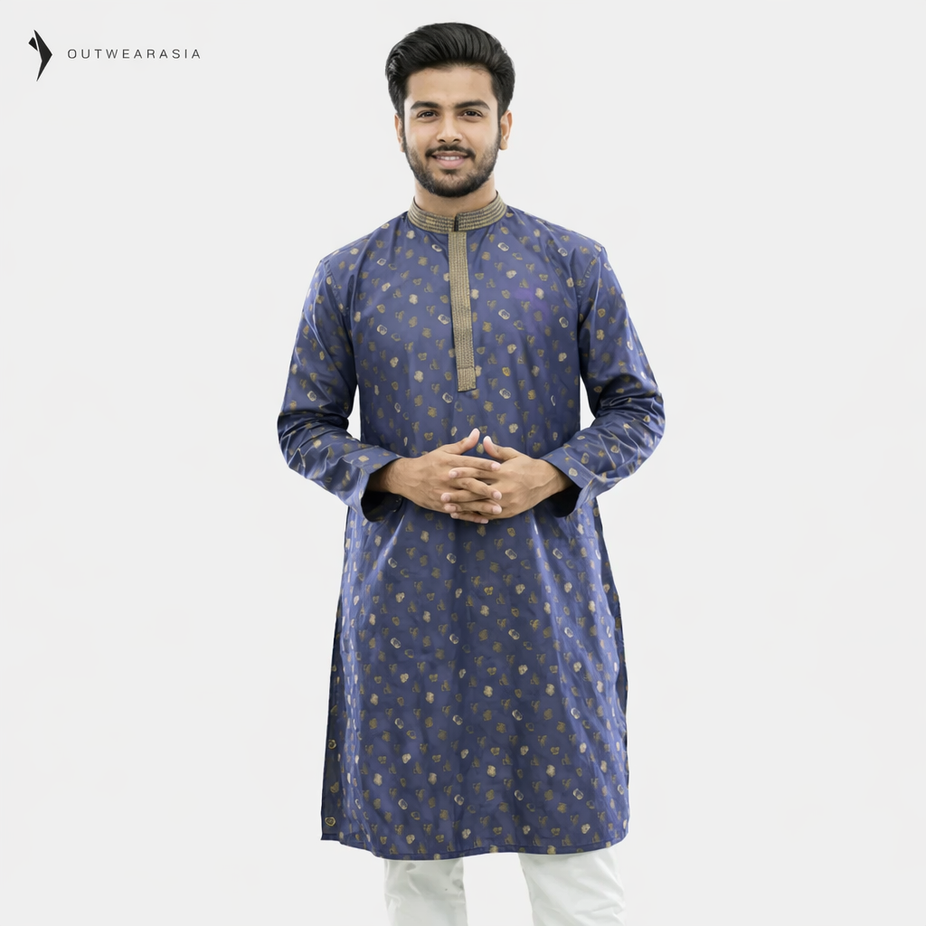 Outwear Men's Exclusive Embroidered Cotton Panjabi- D25_Printed Navy