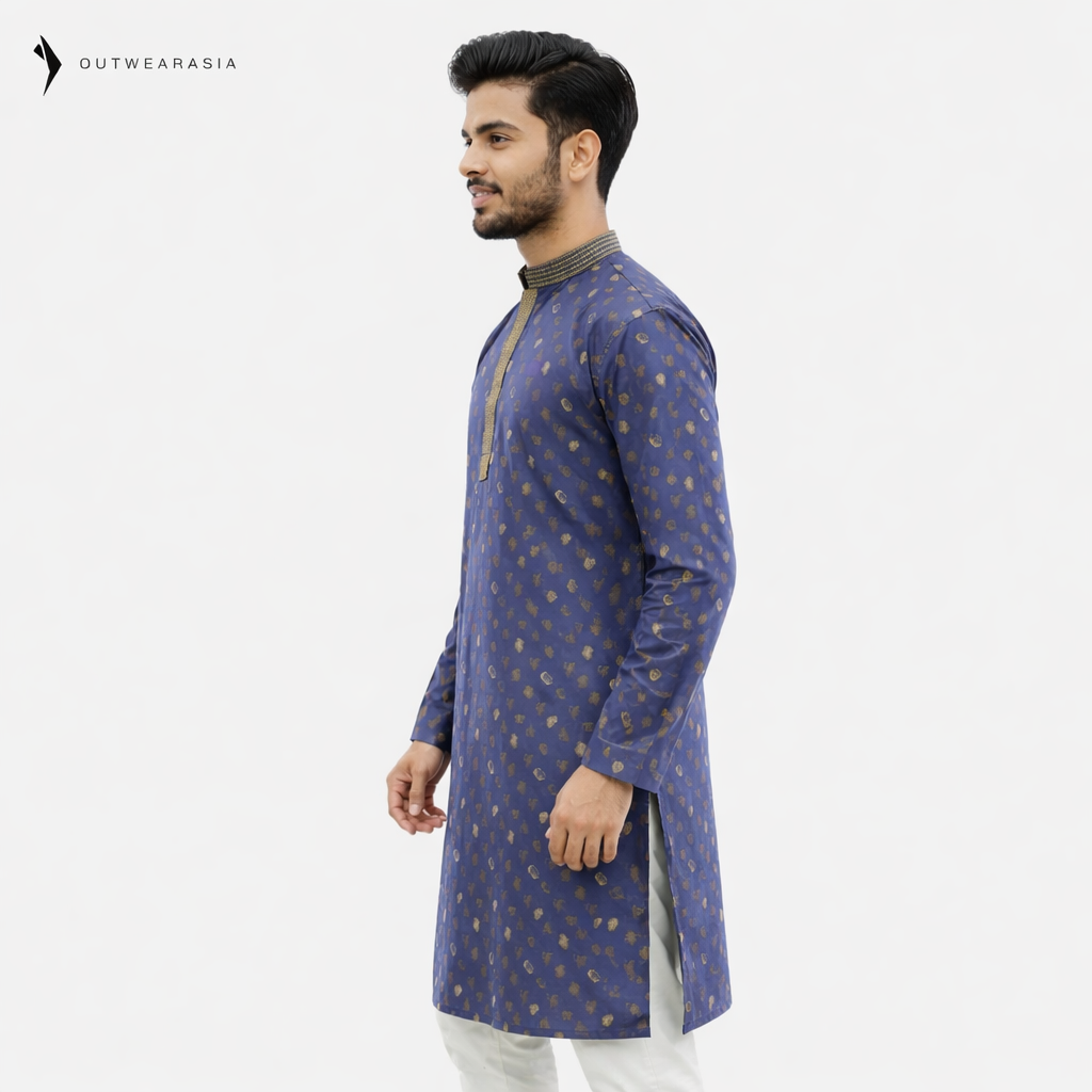 Outwear Men's Exclusive Embroidered Cotton Panjabi- D25_Printed Navy