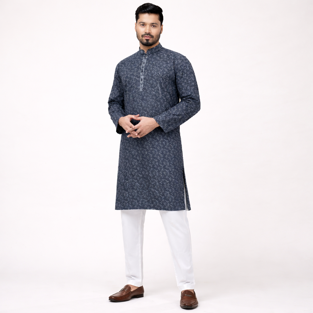 Men's Printed Jacquard Fabric Panjabi | Outwear- D24_Printed Ash