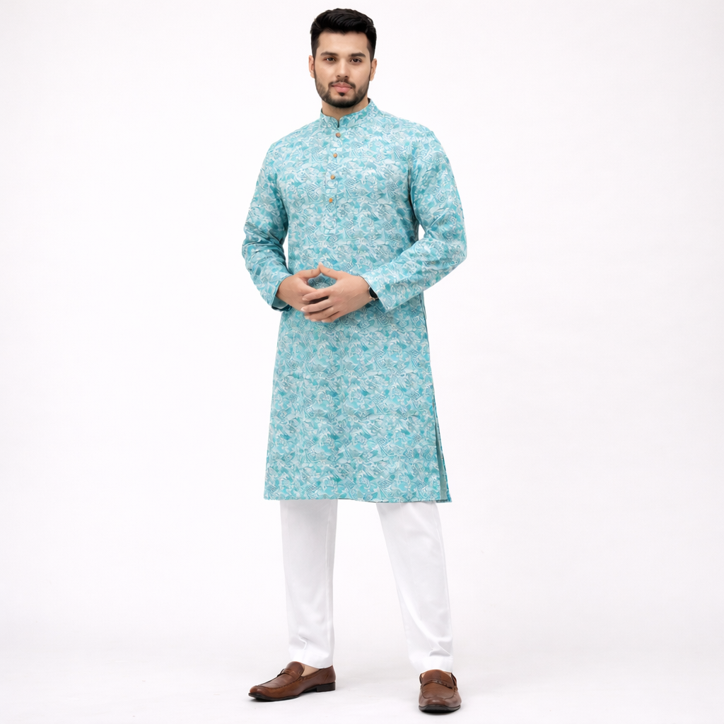 Men's Printed Premium  Cotton Panjabi | Outwear - STPA_Sky Print