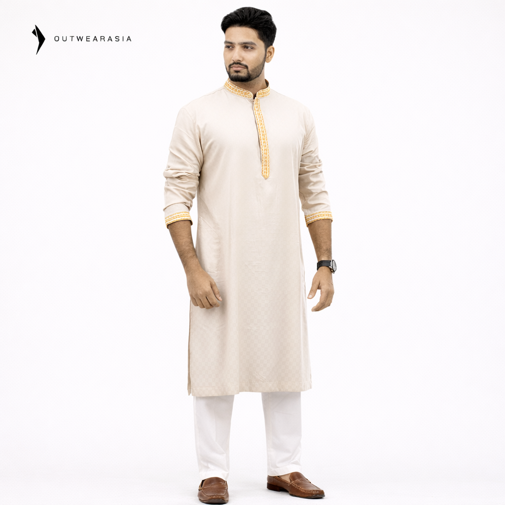 Outwear Exclusive Cotton Embroidery Panjabi - A3_Beige