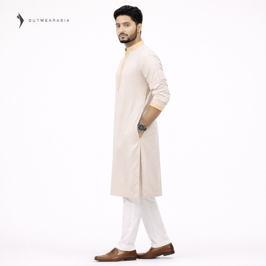 Outwear Exclusive Cotton Embroidery Panjabi - A3_Beige