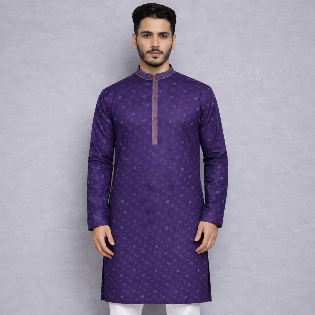 Outwear Men's Exclusive Embroidered Cotton Panjabi- D25_Printed Purple