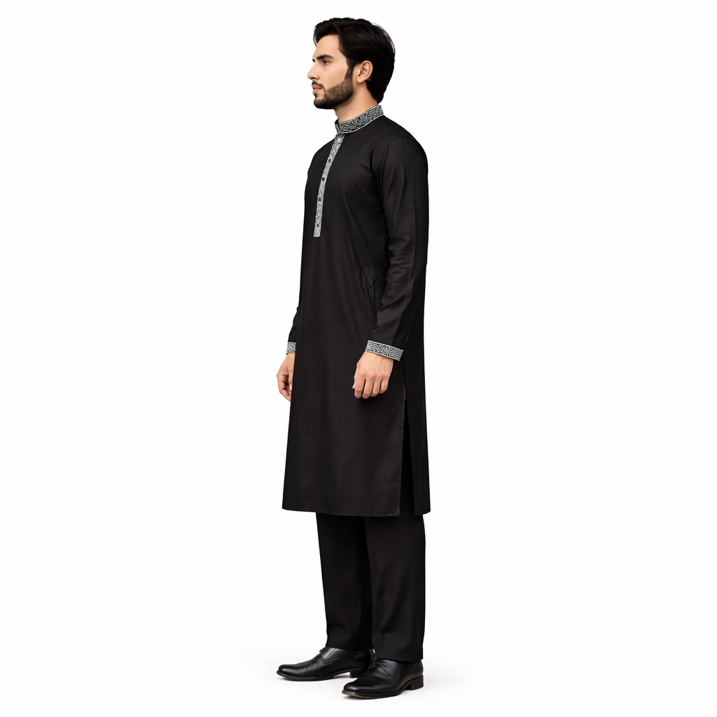 Outwear Men's Exclusive Embroidered Cotton Panjabi- D27_Black