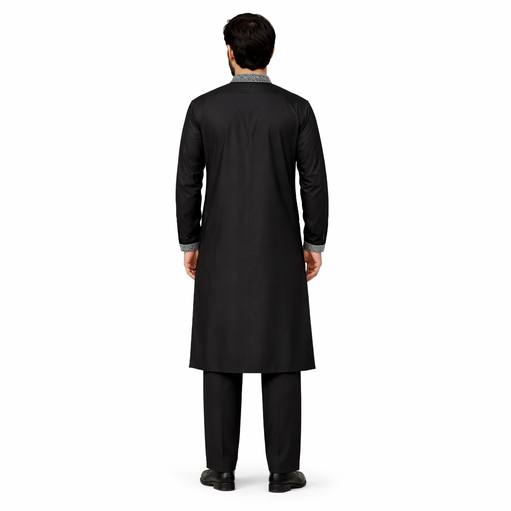 Outwear Men's Exclusive Embroidered Cotton Panjabi- D27_Black