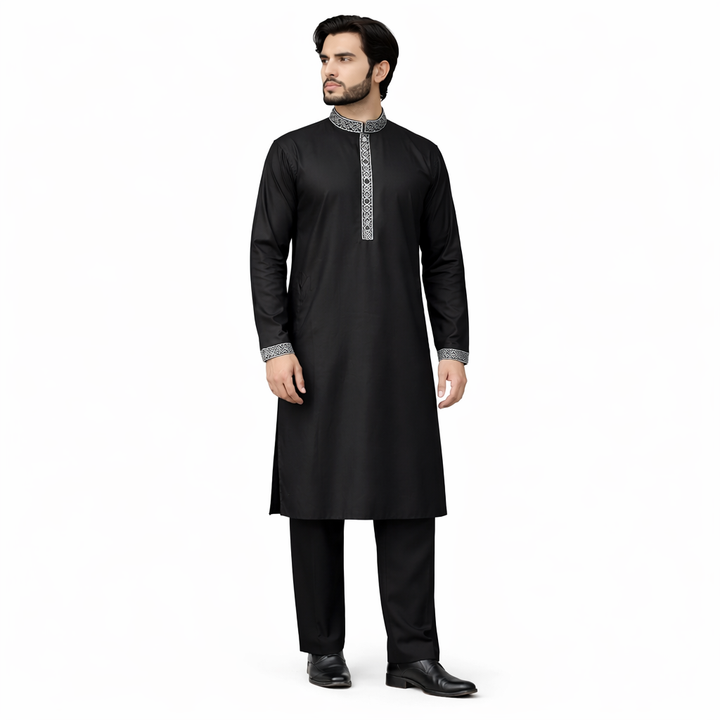 Outwear Men's Exclusive Embroidered Cotton Panjabi- D27_Black