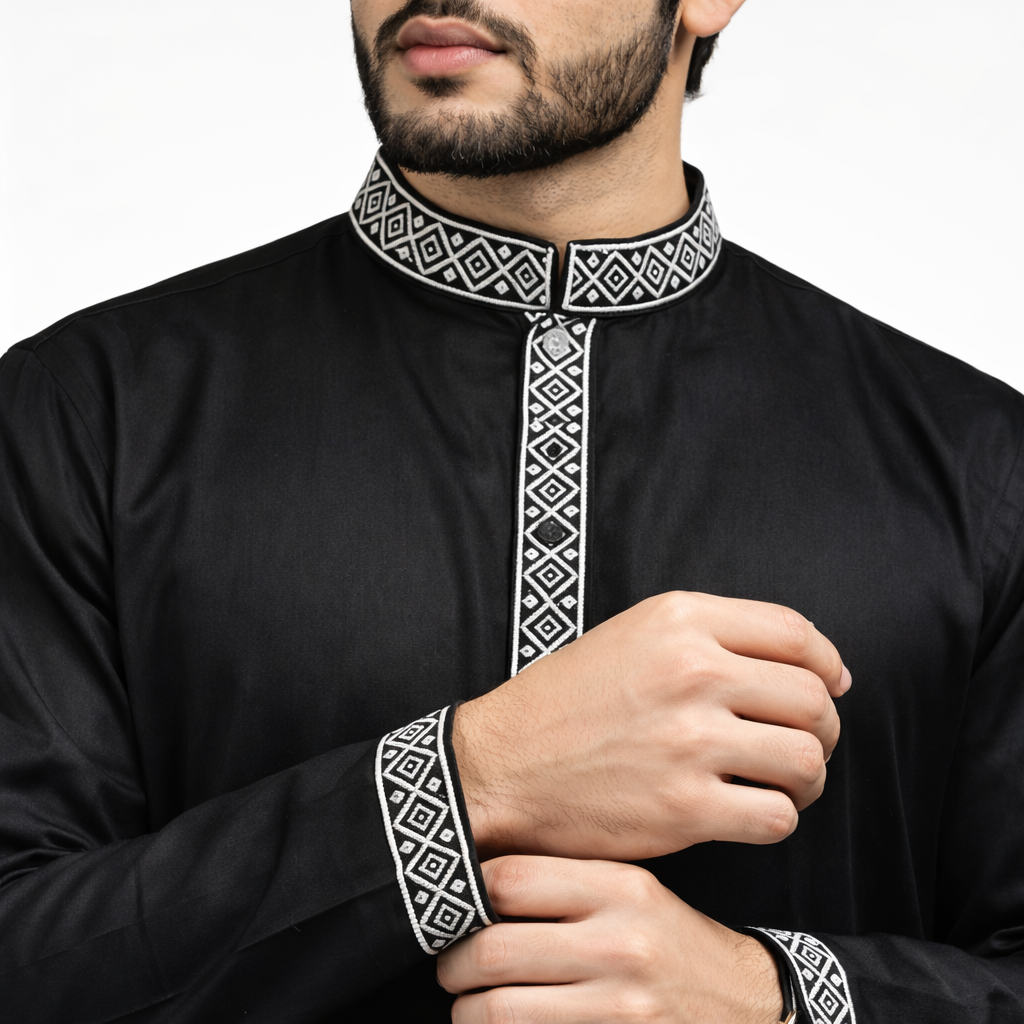 Outwear Men's Exclusive Embroidered Cotton Panjabi- D27_Black