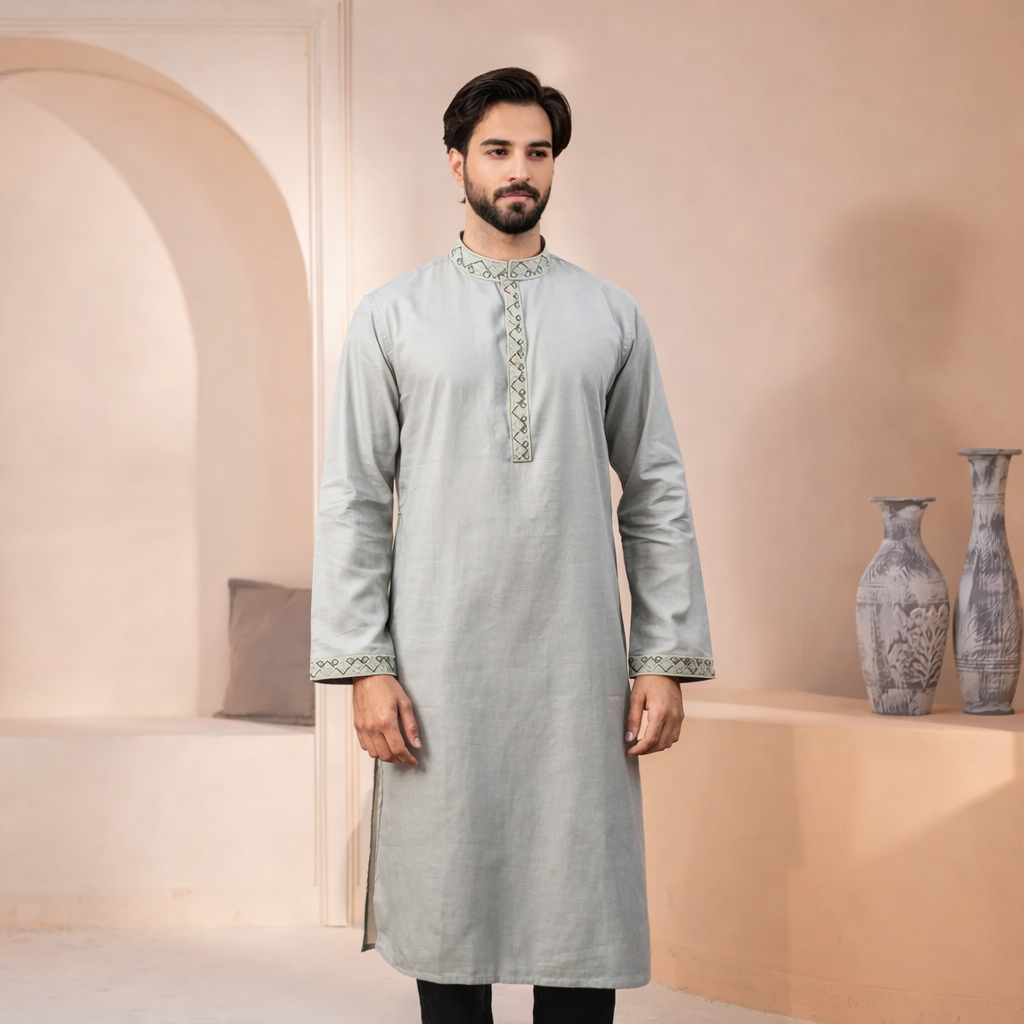 Outwear Men's Exclusive Embroidered Cotton Panjabi- D27_Light Olive