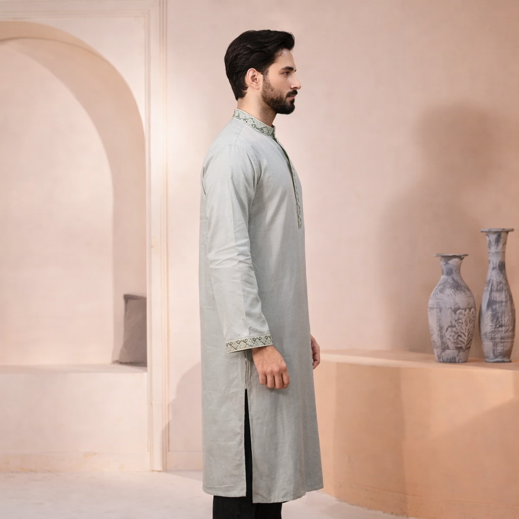 Outwear Men's Exclusive Embroidered Cotton Panjabi- D27_Light Olive
