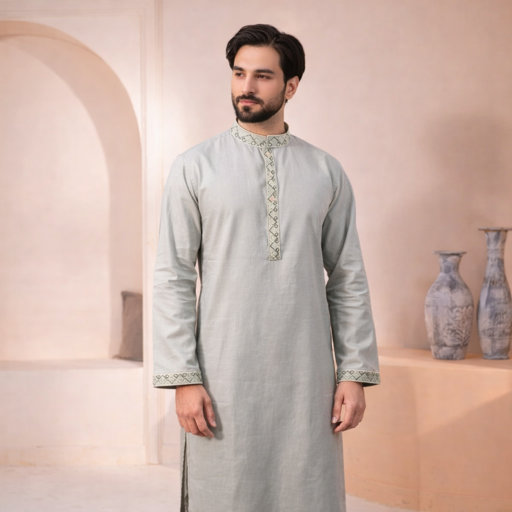 Outwear Men's Exclusive Embroidered Cotton Panjabi- D27_Light Olive
