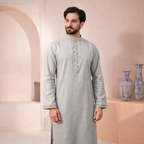 Outwear Men's Exclusive Embroidered Cotton Panjabi- D27_Light Olive
