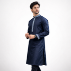 Outwear Men's Exclusive Embroidered Cotton Panjabi- D27_NAVY BLUE