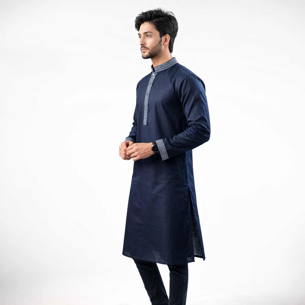 Outwear Men's Exclusive Embroidered Cotton Panjabi- D27_NAVY BLUE