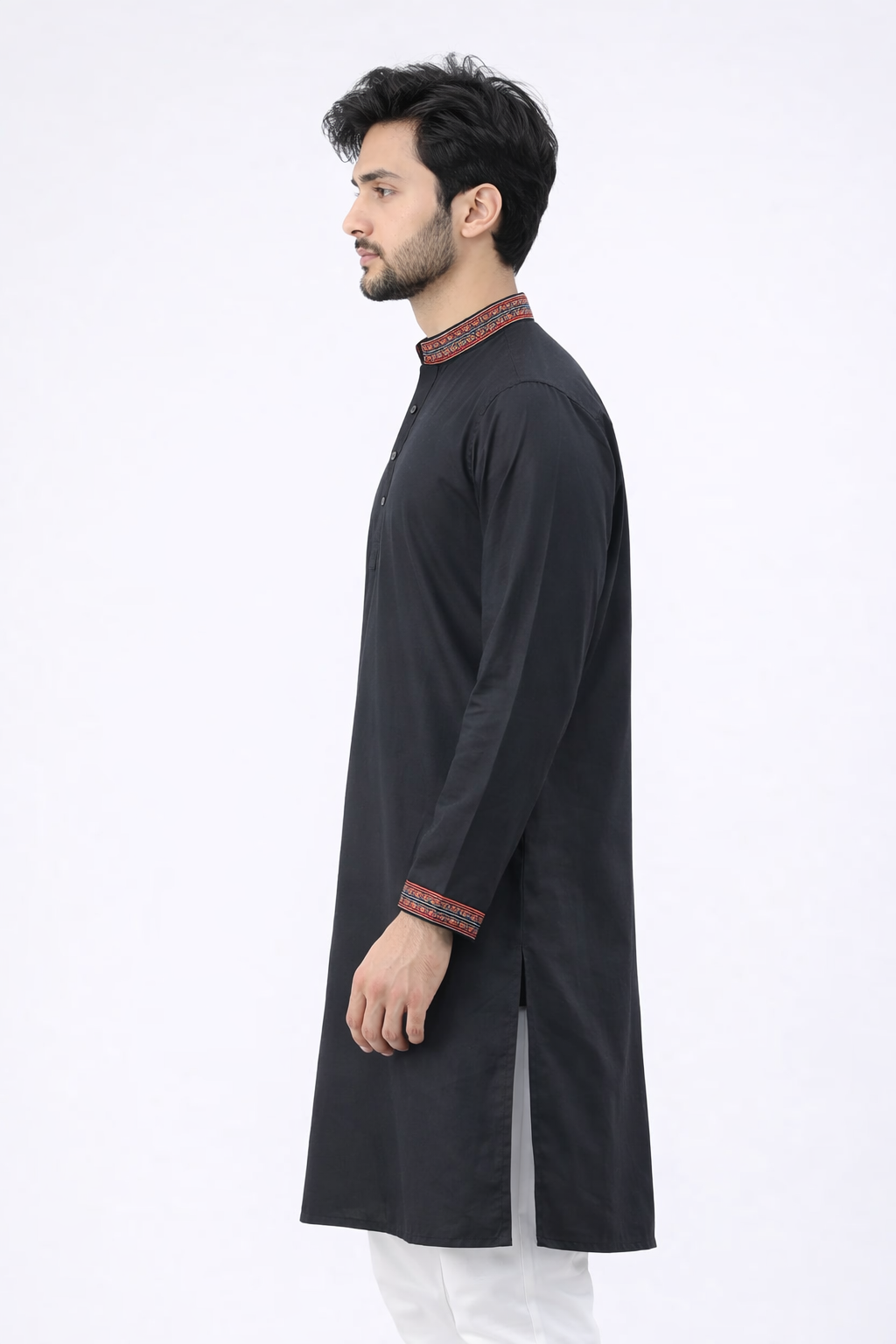Outwear Men's Exclusive Embroidered Cotton Panjabi- D30_Black