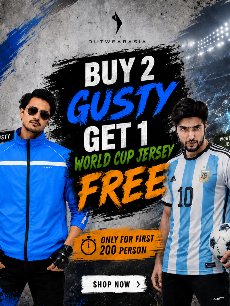 Promotional advertisement for a world cup jersey offer with two people wearing sports attire.