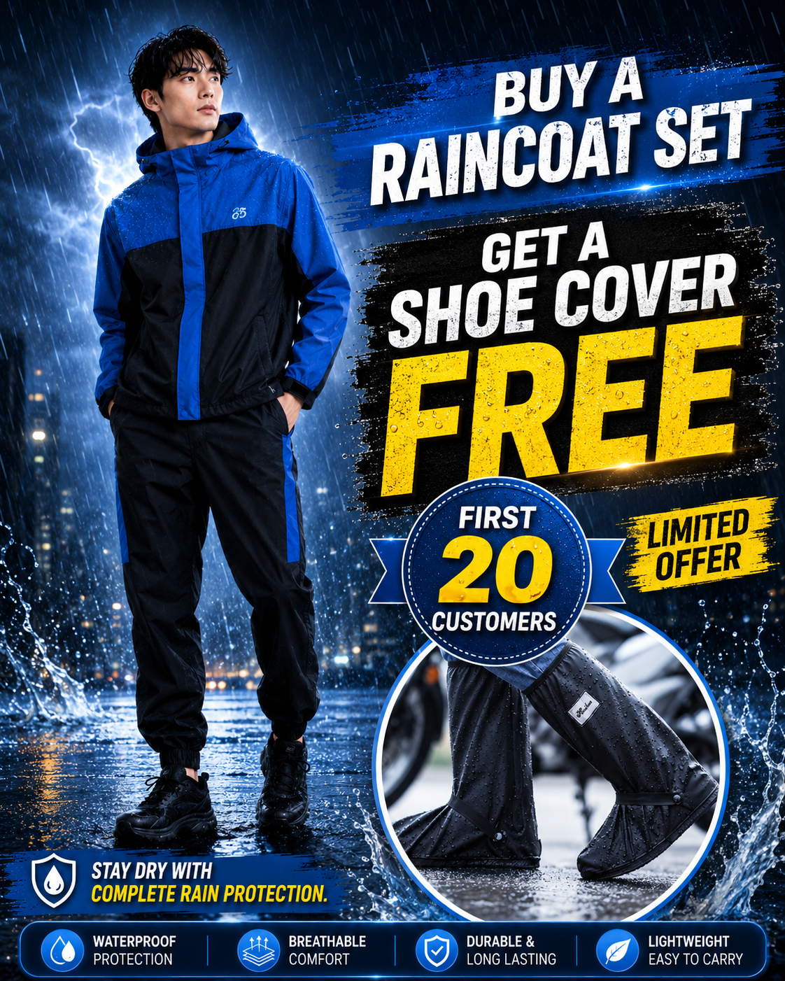 Men’s Waterproof Hooded Raincoat Set Black&Blue