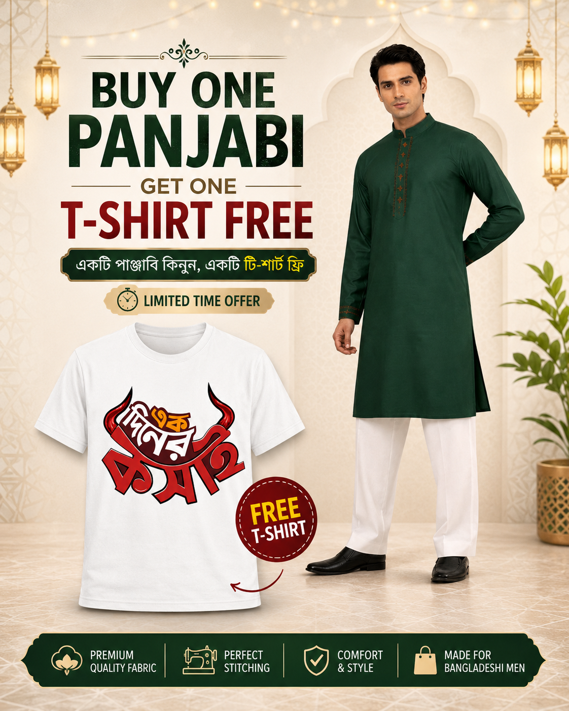 Men’s Green Clssic Embroidered Punjabi Taqwdeer-1
