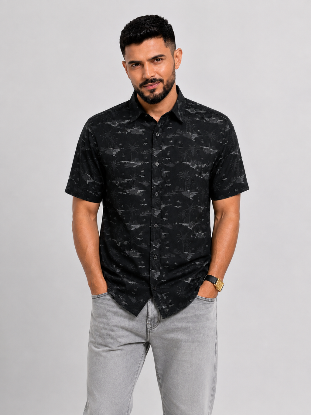 Men’s Premium Tropical Print Half-Sleeve Shirt – Black