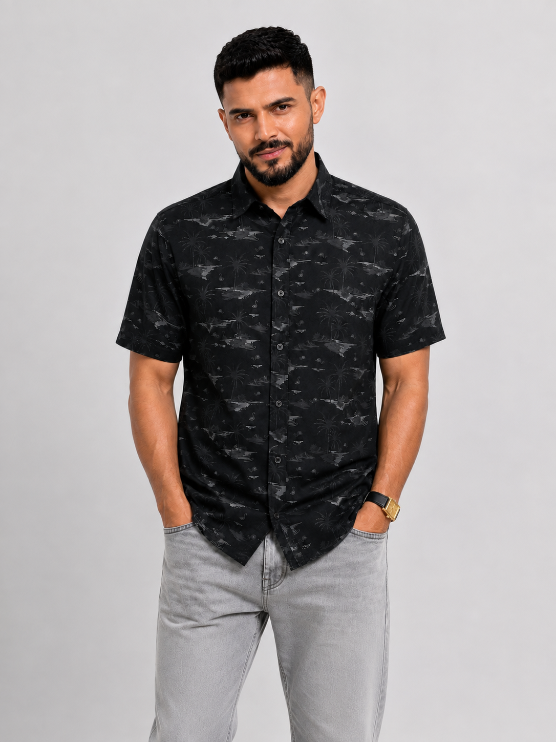 Men’s Premium Tropical Print Half-Sleeve Shirt – Black