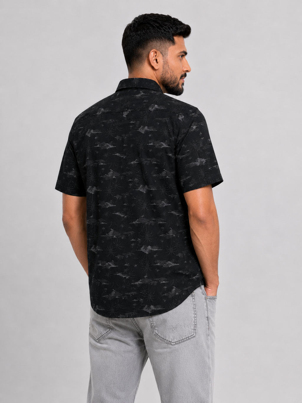 Men’s Premium Tropical Print Half-Sleeve Shirt – Black