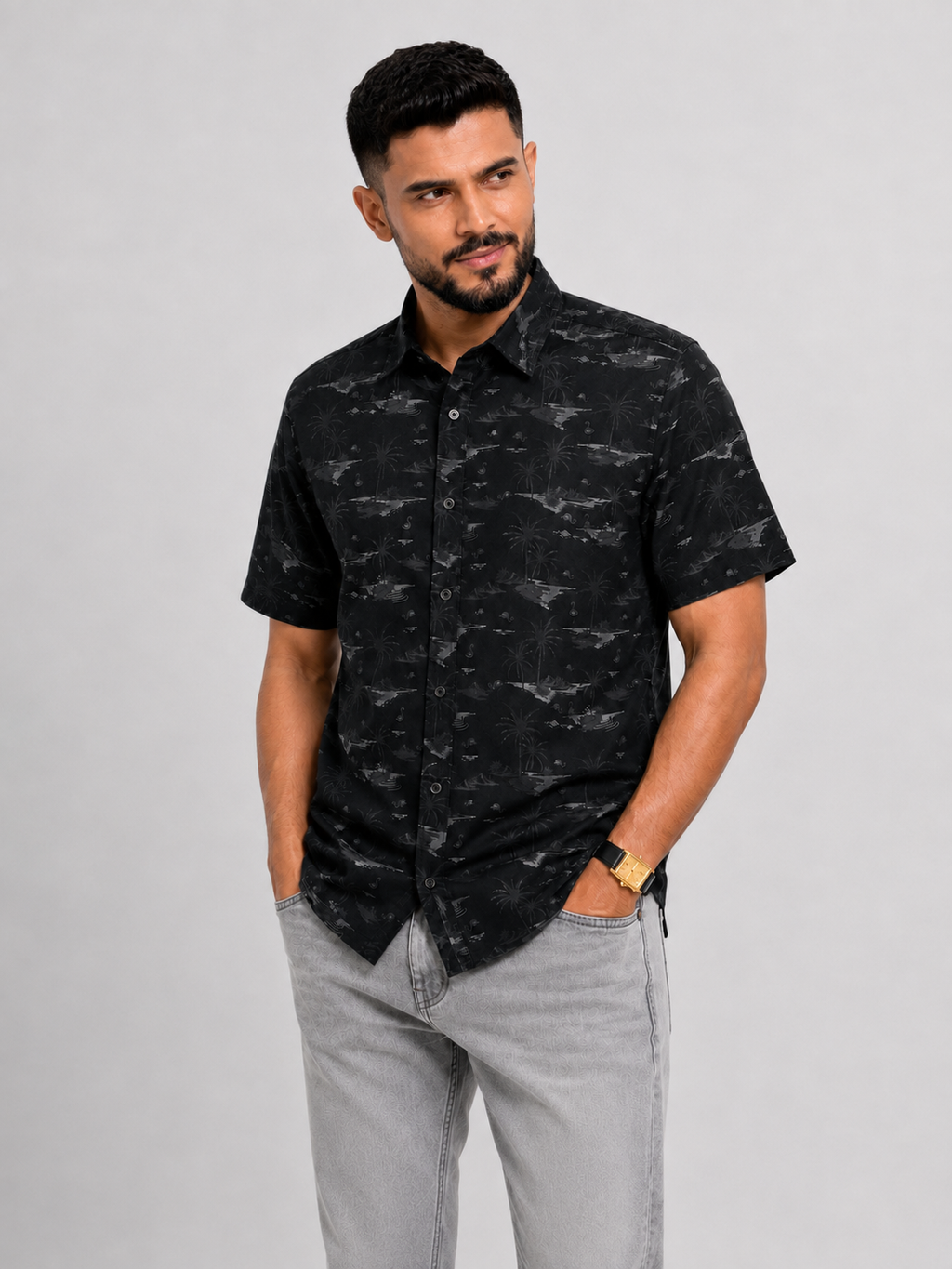 Men’s Premium Tropical Print Half-Sleeve Shirt – Black