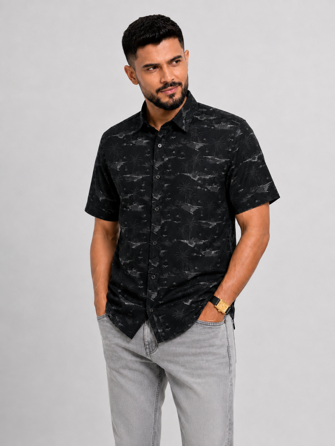 Men’s Premium Tropical Print Half-Sleeve Shirt – Black