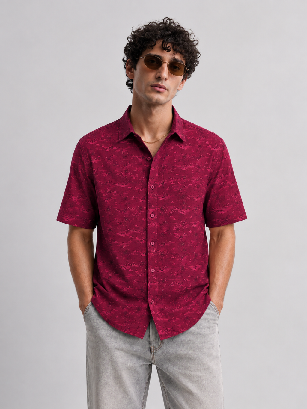 Men’s Premium Tropical Print Half-Sleeve Shirt – Maroon