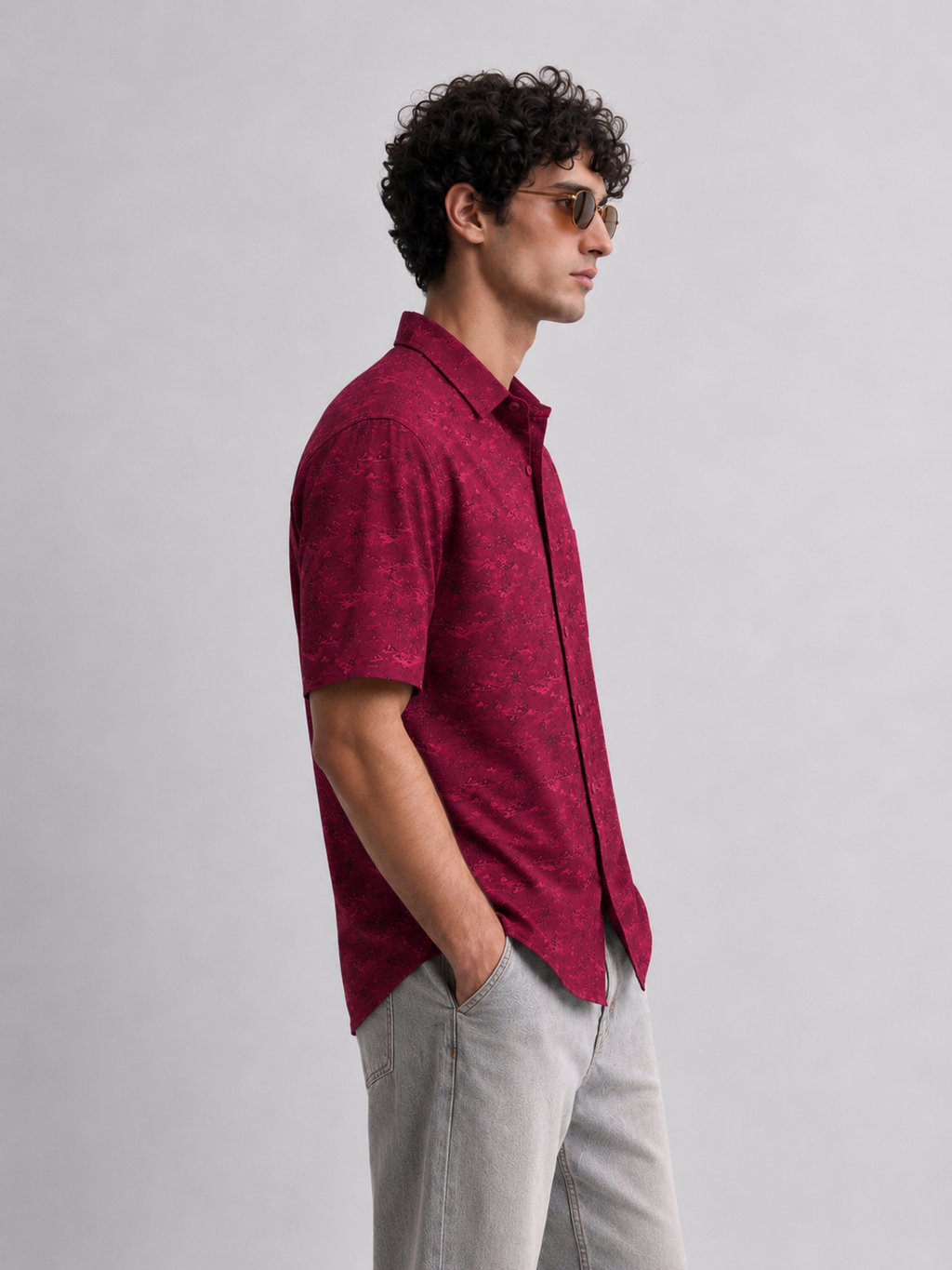 Men’s Premium Tropical Print Half-Sleeve Shirt – Maroon