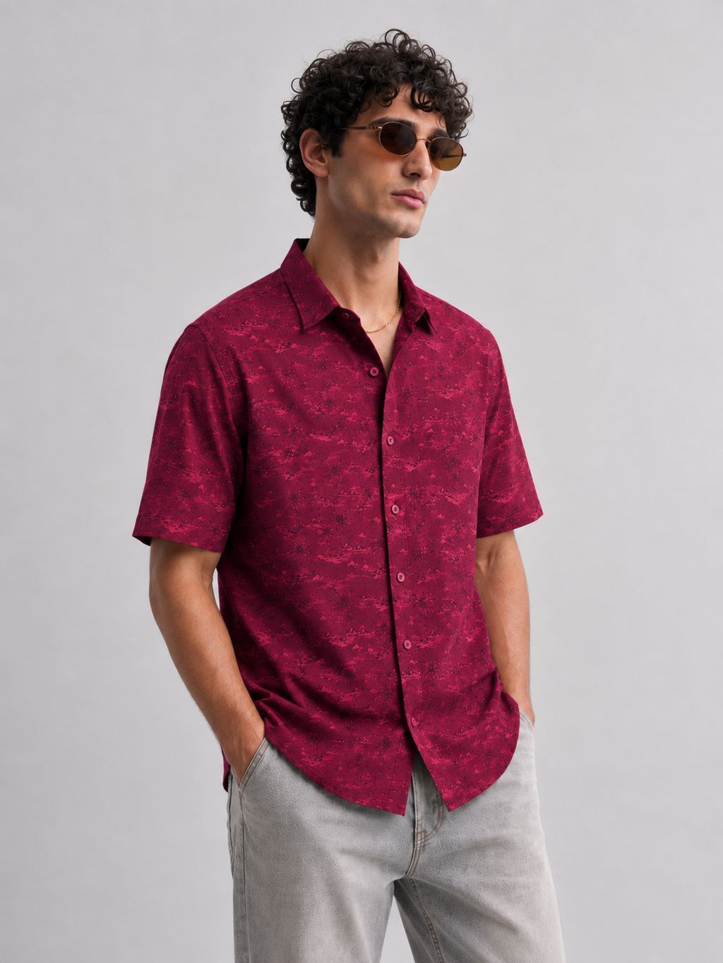 Men’s Premium Tropical Print Half-Sleeve Shirt – Maroon