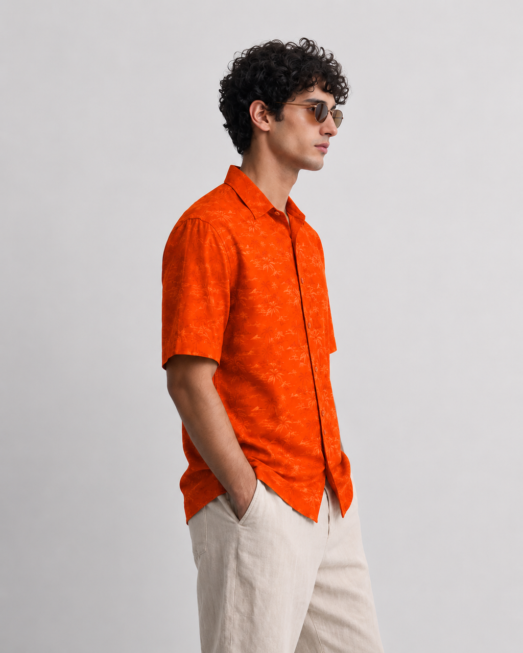 Men’s Premium Tropical Print Half-Sleeve Shirt – Orange