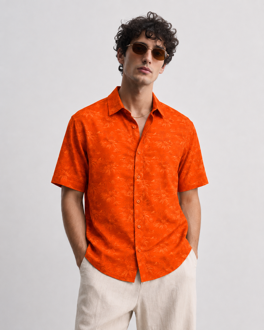 Men’s Premium Tropical Print Half-Sleeve Shirt – Orange