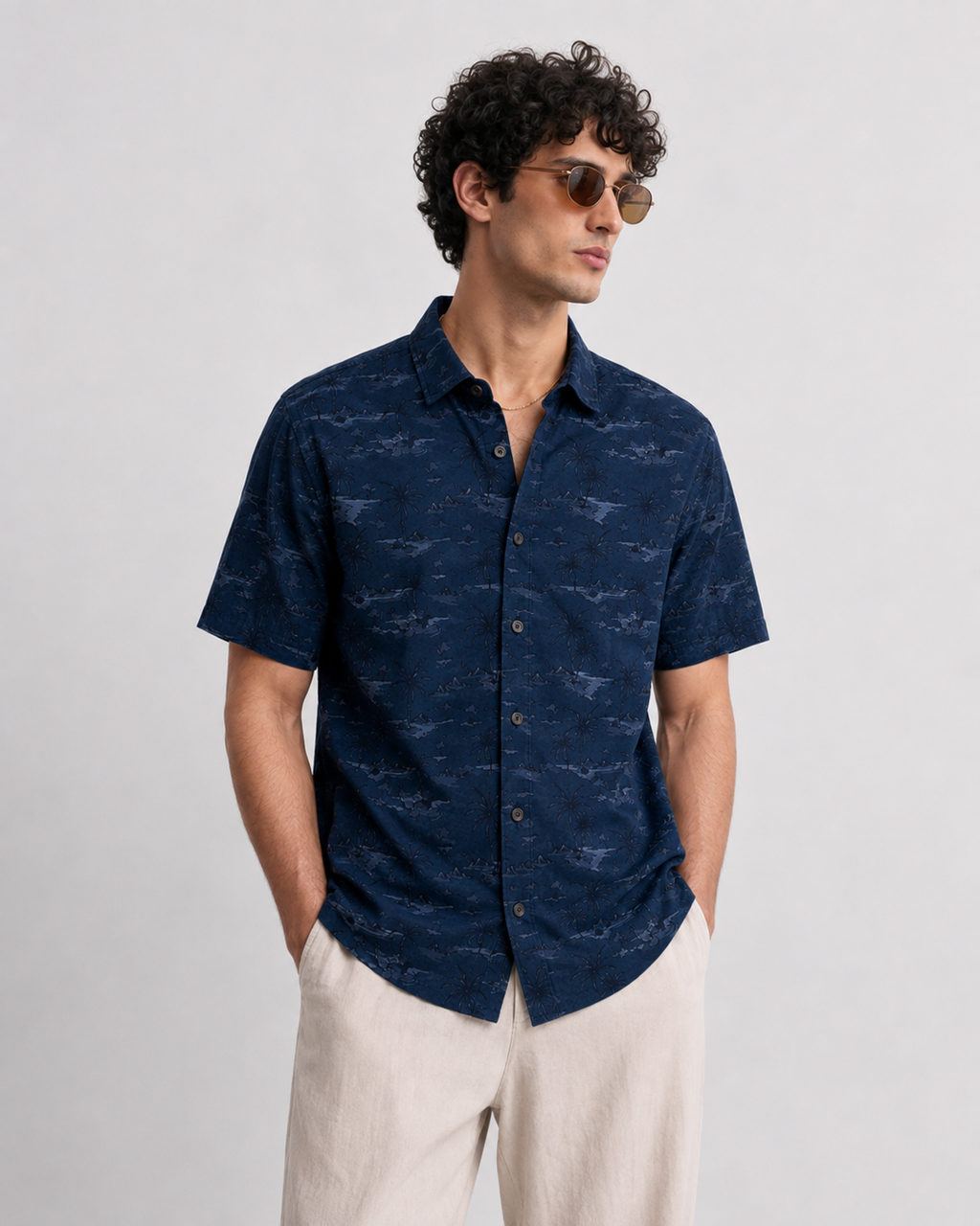Men’s Premium Tropical Print Half-Sleeve Shirt – Navy