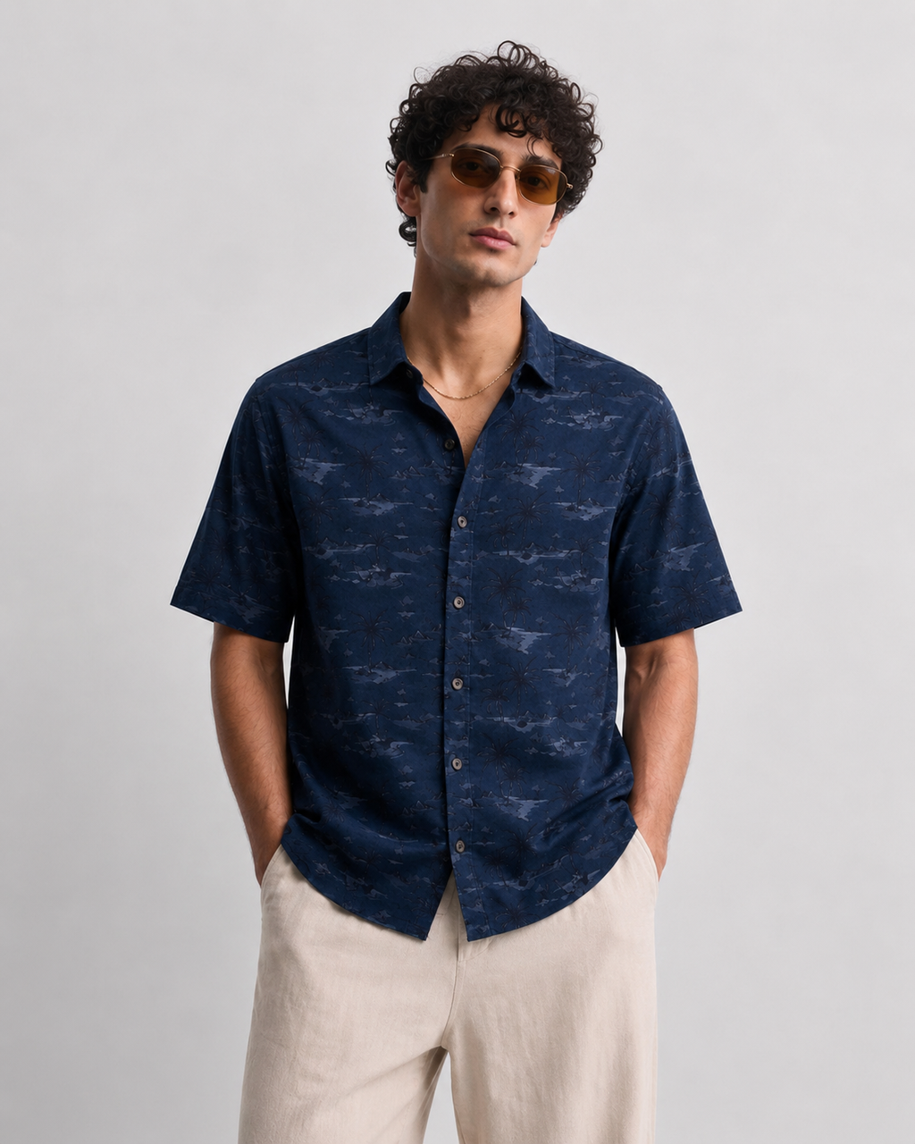 Men’s Premium Tropical Print Half-Sleeve Shirt – Navy