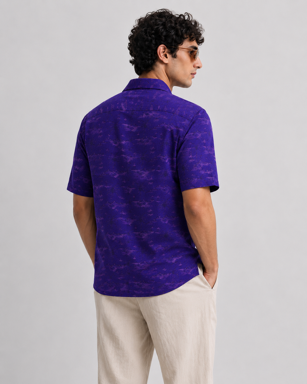 Men’s Premium Tropical Print Half-Sleeve Shirt – Royal Purple
