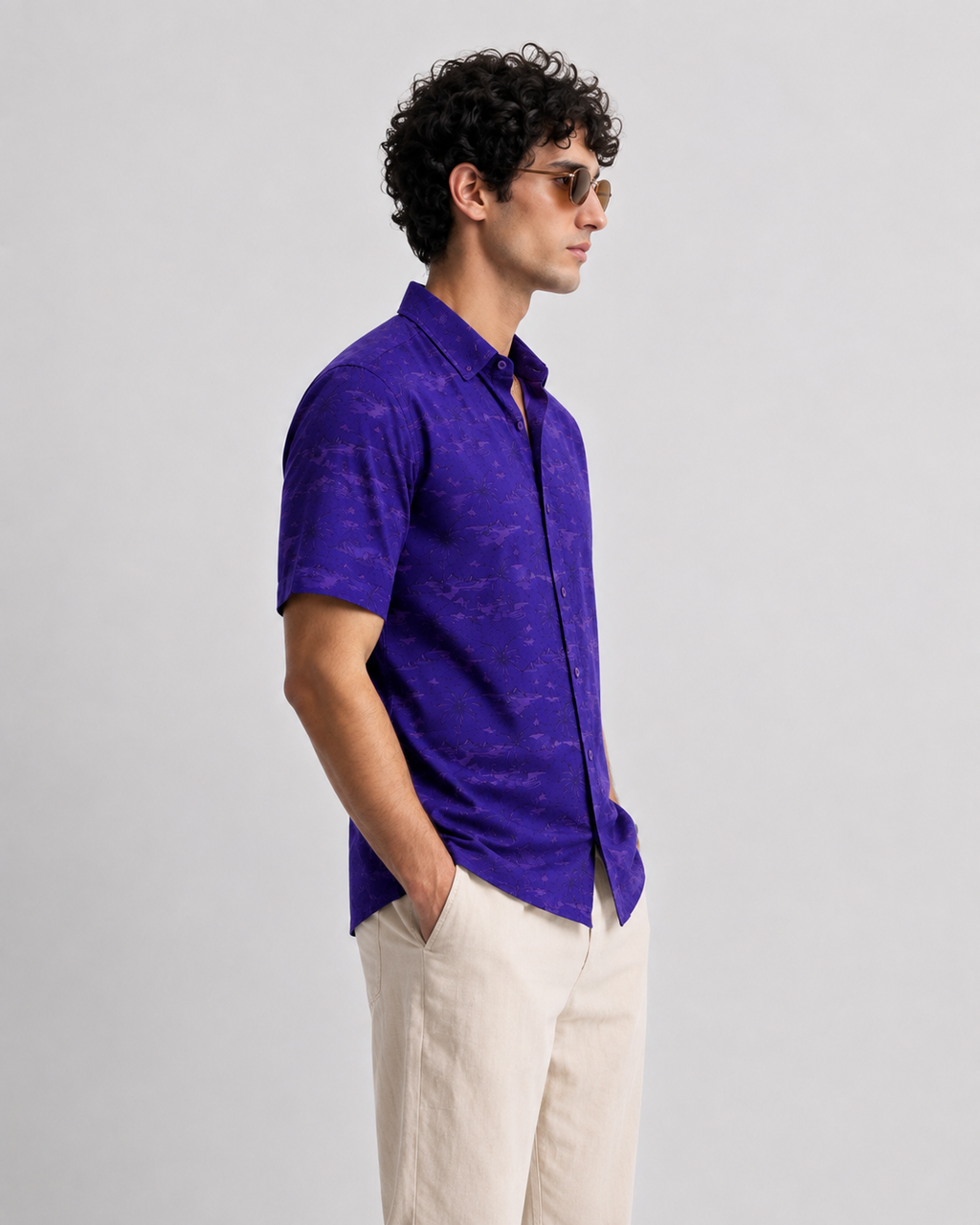 Men’s Premium Tropical Print Half-Sleeve Shirt – Royal Purple