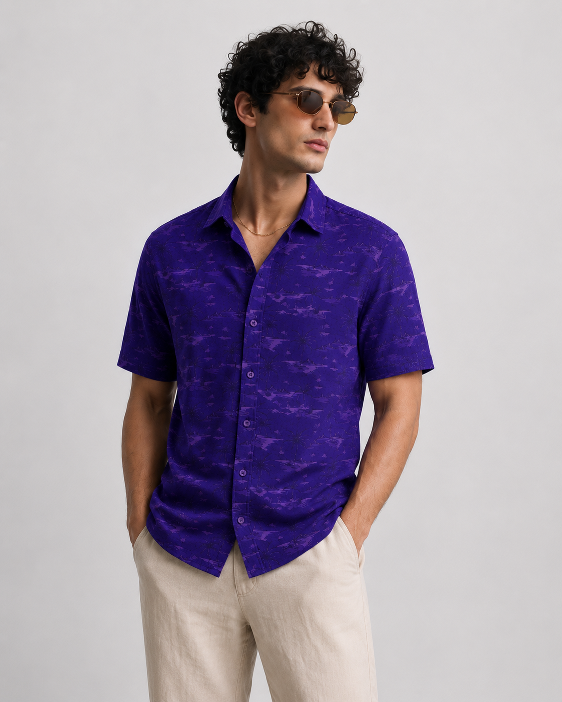 Men’s Premium Tropical Print Half-Sleeve Shirt – Royal Purple