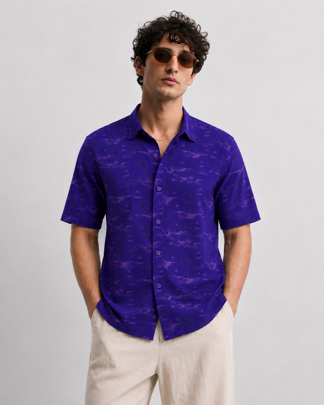 Men’s Premium Tropical Print Half-Sleeve Shirt – Royal Purple