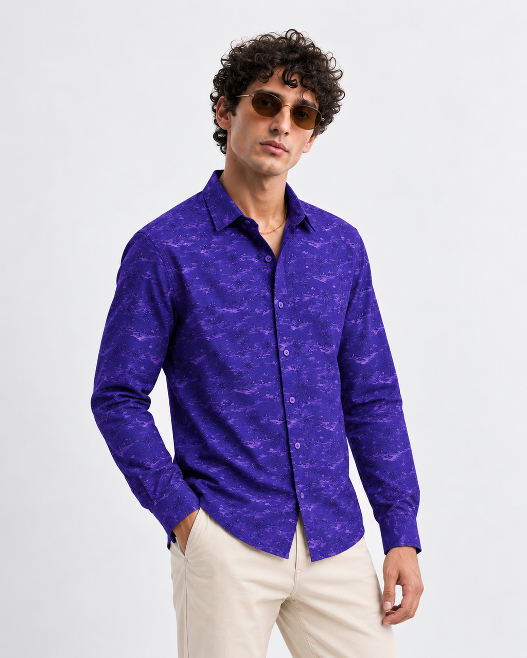 Men’s Premium Tropical Print Full-Sleeve Shirt – Royal Purple