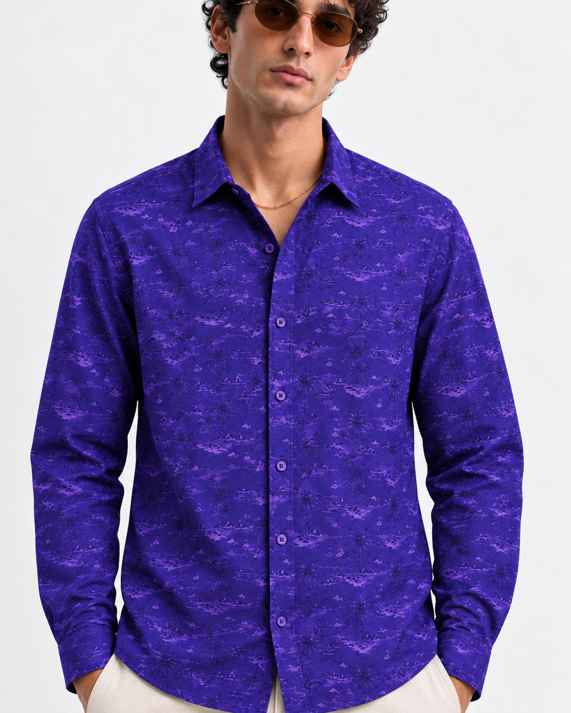 Men’s Premium Tropical Print Full-Sleeve Shirt – Royal Purple
