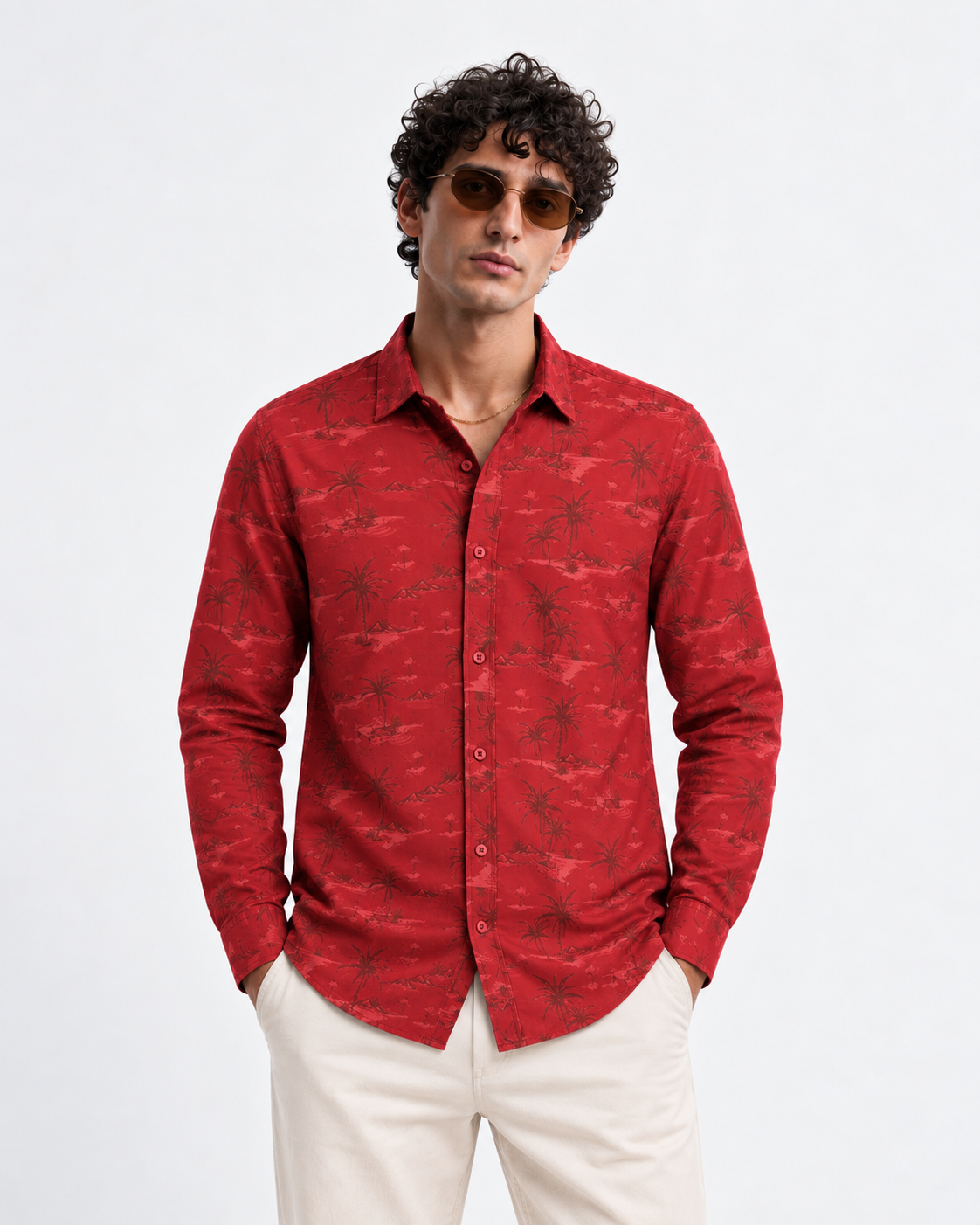 Men’s Premium Tropical Print Full-Sleeve Shirt – Maroon