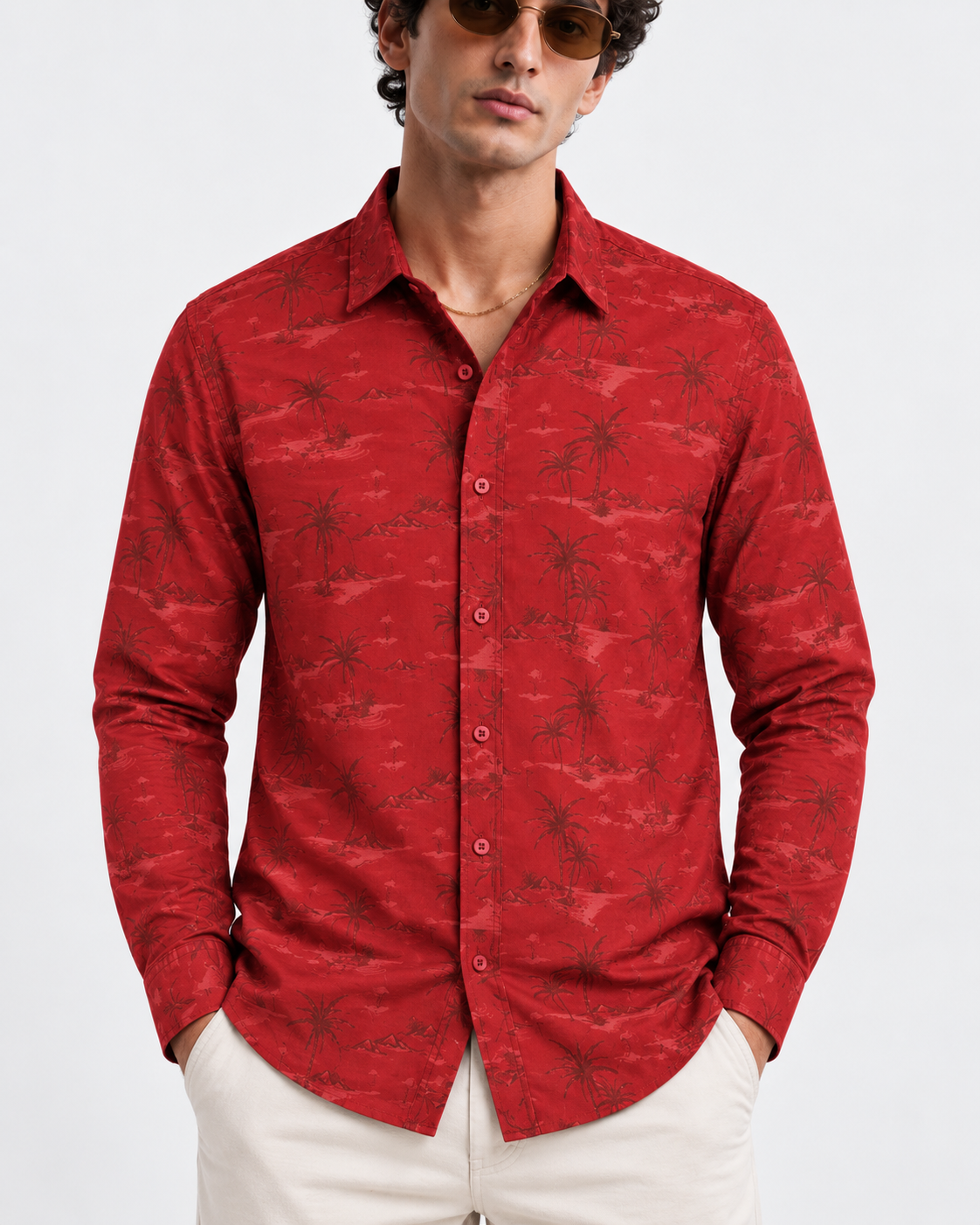 Men’s Premium Tropical Print Full-Sleeve Shirt – Maroon
