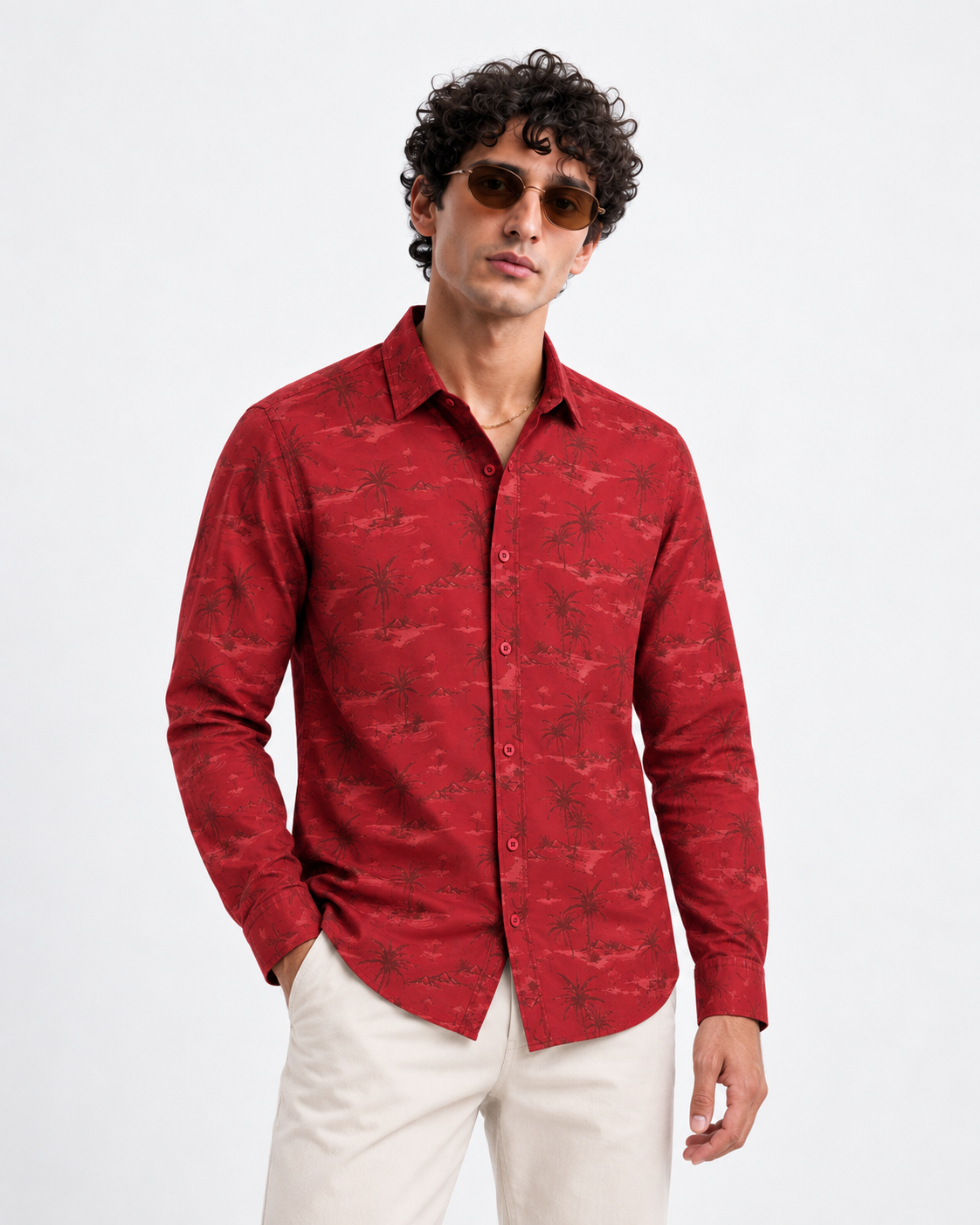 Men’s Premium Tropical Print Full-Sleeve Shirt – Maroon