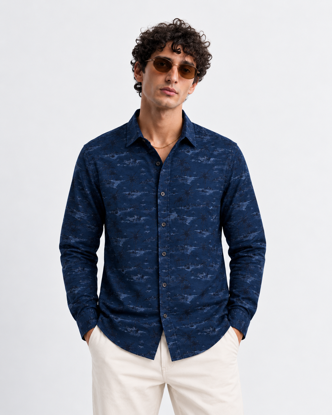 Men’s Premium Tropical Print Full-Sleeve Shirt – Navy