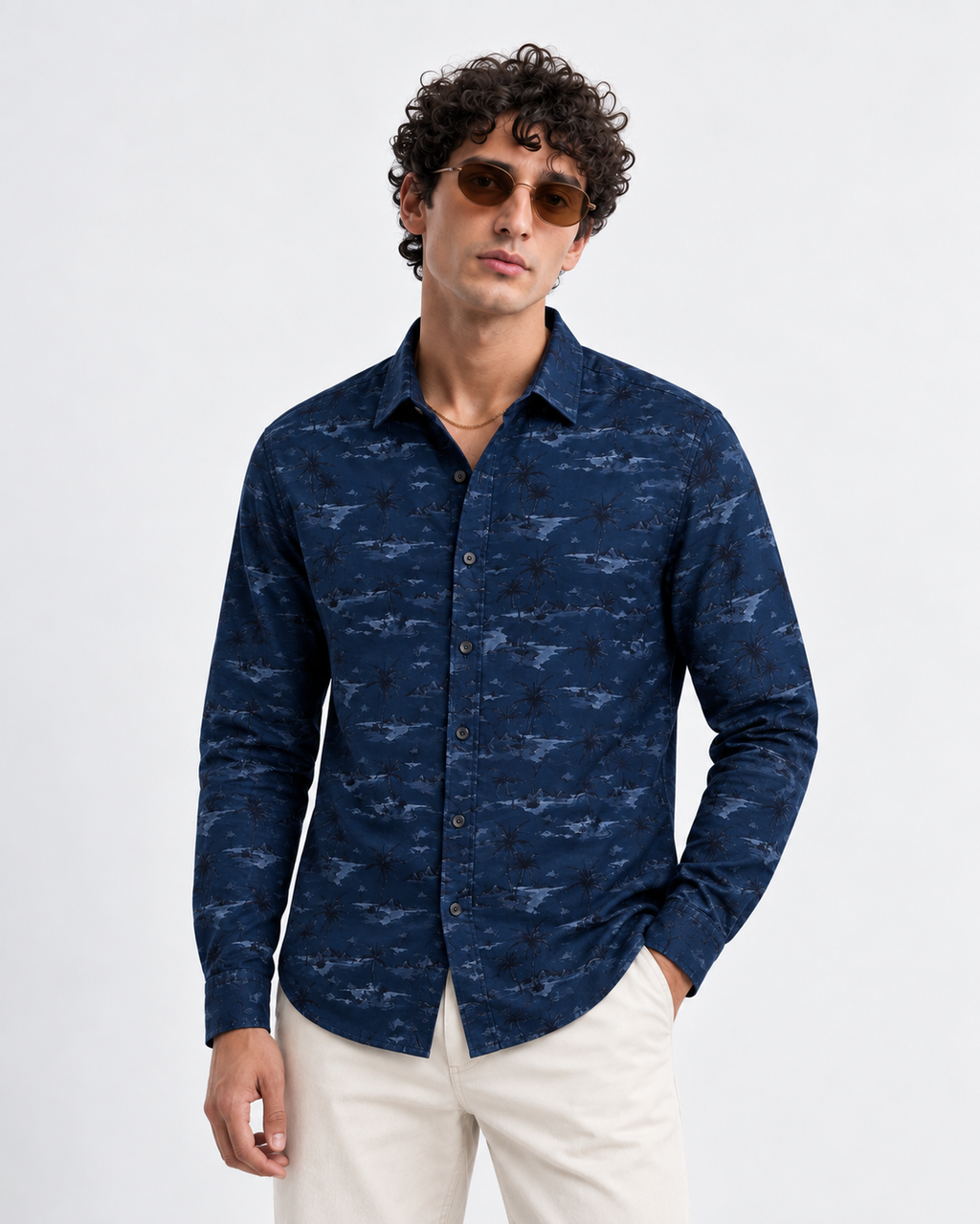 Men’s Premium Tropical Print Full-Sleeve Shirt – Navy