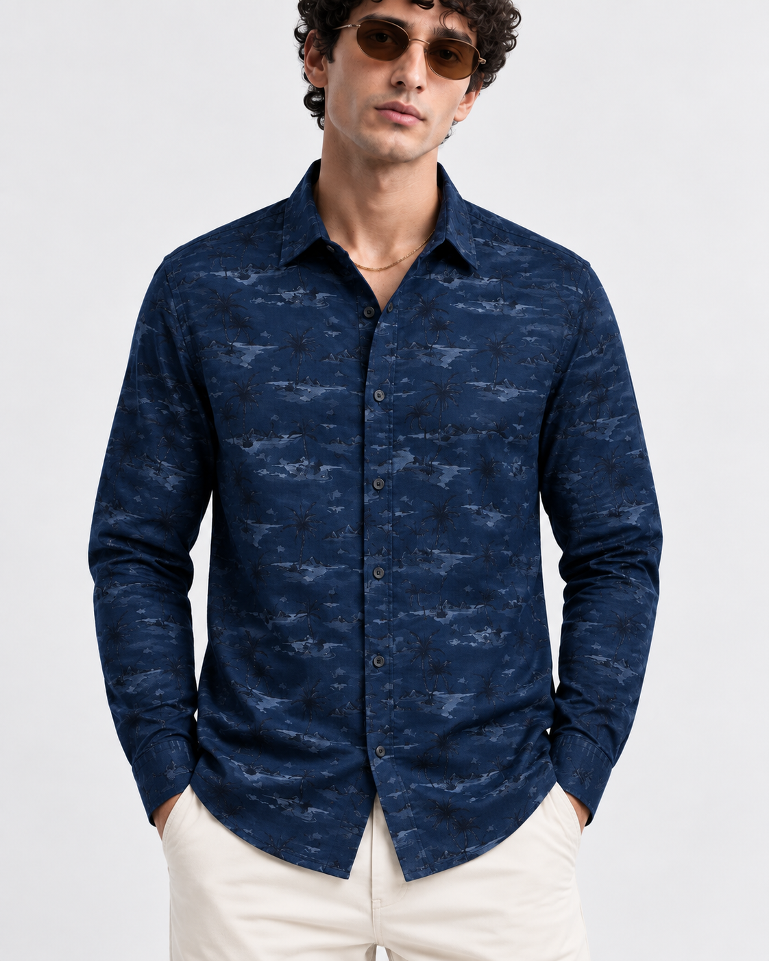 Men’s Premium Tropical Print Full-Sleeve Shirt – Navy