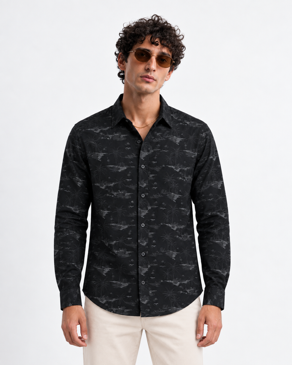 Men’s Premium Tropical Print Full-Sleeve Shirt – Black