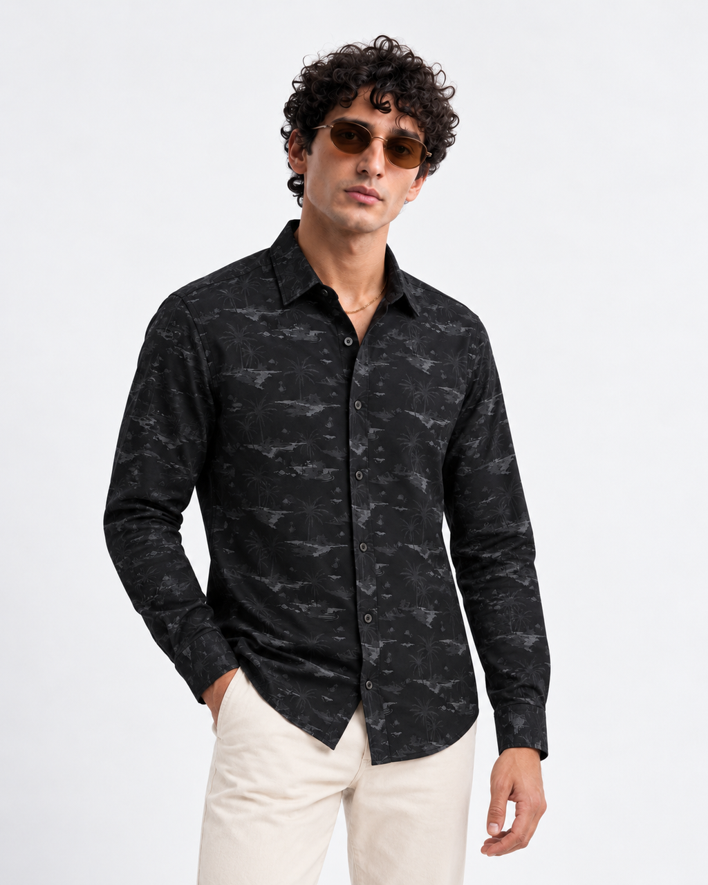 Men’s Premium Tropical Print Full-Sleeve Shirt – Black