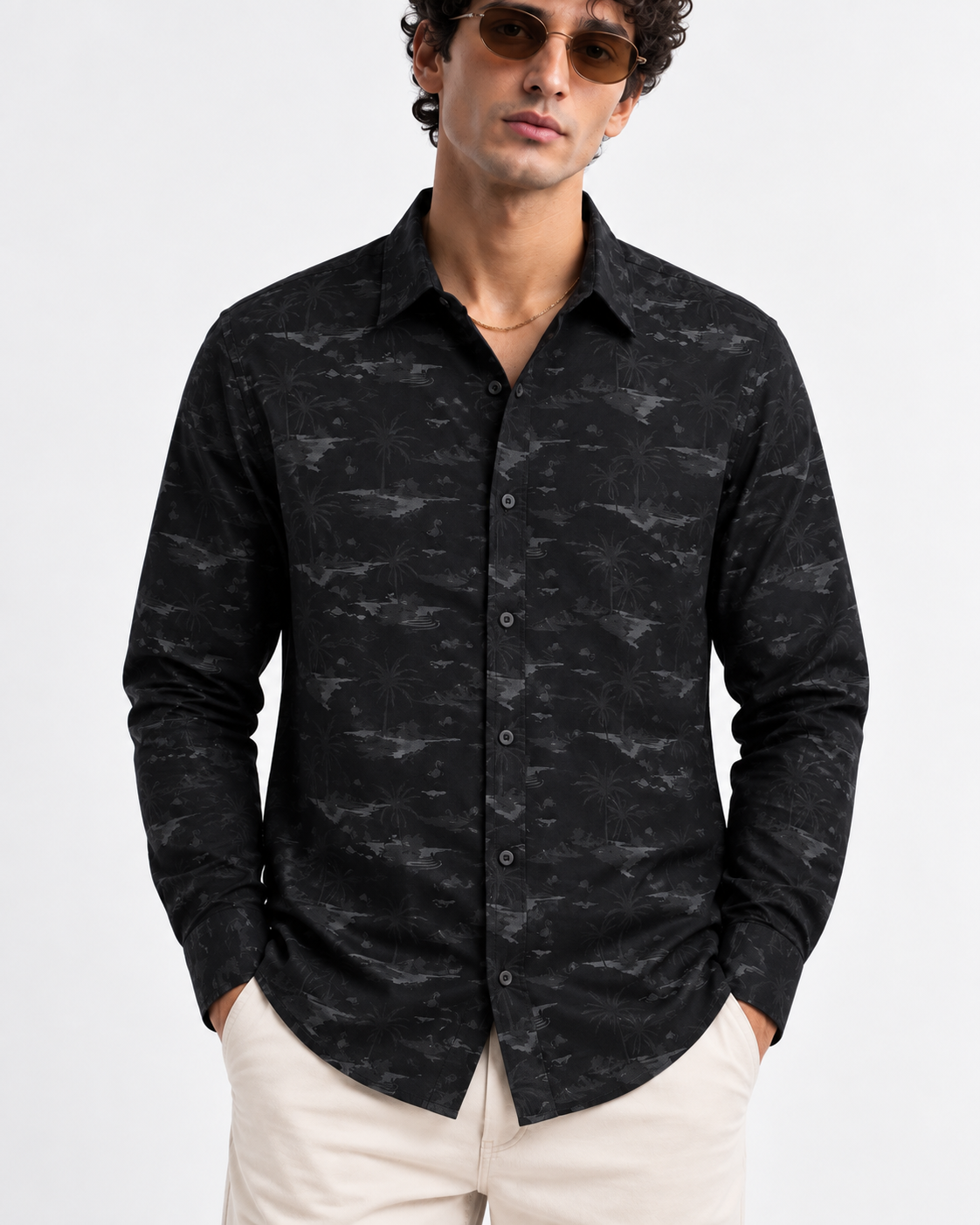 Men’s Premium Tropical Print Full-Sleeve Shirt – Black