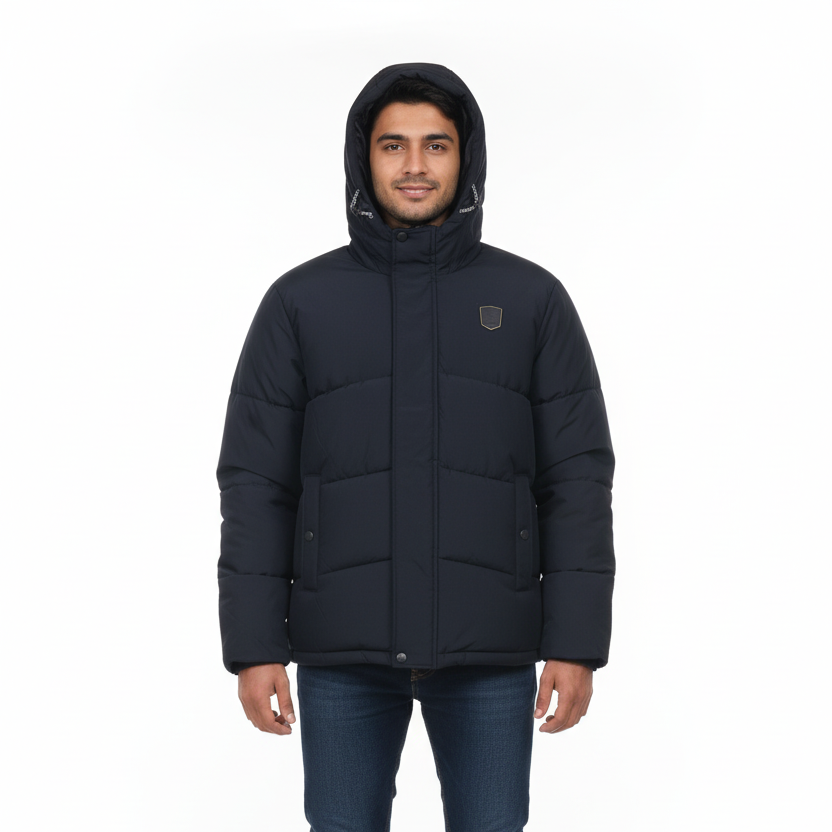Man wearing a black puffer jacket on a white background