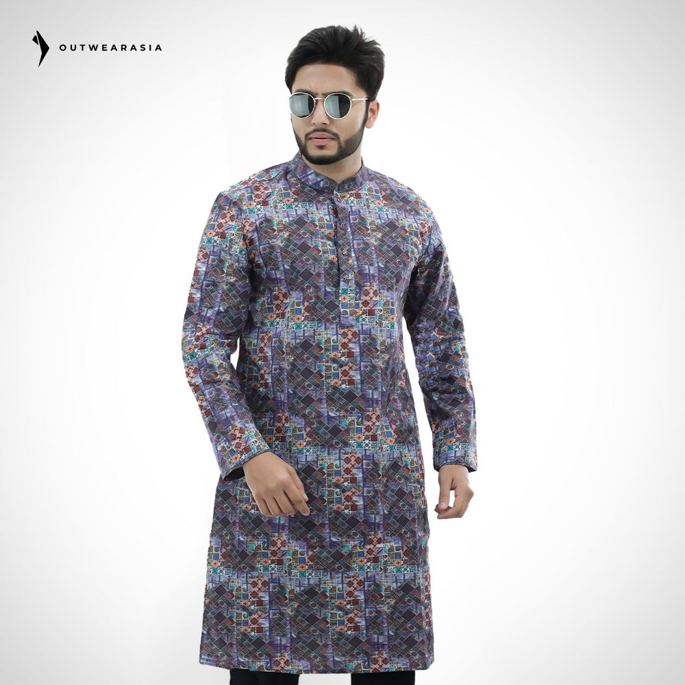 Teal Digital Printed Cotton Panjabi | Outwear - D23